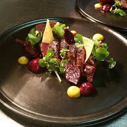 Char grilled Cape grim flat iron, beetroot, mustard and cress