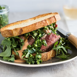 Grilled hanger steak sandwich with chimichurri and spiced mayo