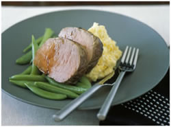 Honey glazed roast beef with corn and potato mash