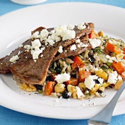 Steak with Carrot & Chickpea Pilaf