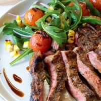 Soy and Maple Scotch Fillet with Grilled Corn and Tomato Salad
