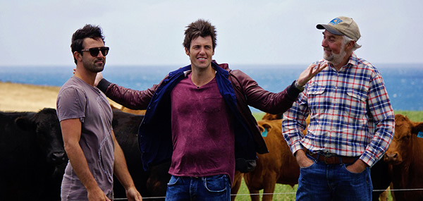 Ben Milbourne & Andy Allen from MasterChef with Cape Grim beef farmer John Bruce - image by Tara Dunstan