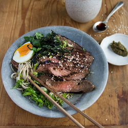 Miso marinated flat iron steak with soba noodles and yuzu koshu