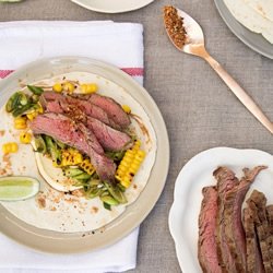 Beef flank tortillas with chargrilled corn